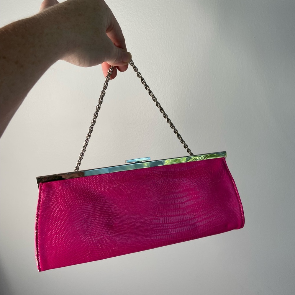 Loft Pink Textured Faux Snake SkinClutch Wristlet Purse Hand Bag Silver …